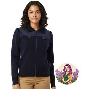 VTG St Michael Marks Spencer Navy Knit Zip Up Sweater Jacket Corduroy Womens 4